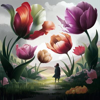 The primary subject of the image is a person standing in a field surrounded by a variety of colorful flowers. The setting is a lush green field with a hill in the background. The visual style is a digital art illustration, creating a vibrant and whimsical atmosphere. The colors and mood are predominantly warm and cheerful, with the flowers adding a sense of life and beauty to the scene.